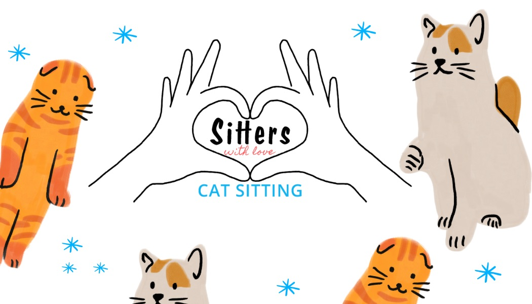 Illustrated cats around the Sitters with Love cat sitting logo